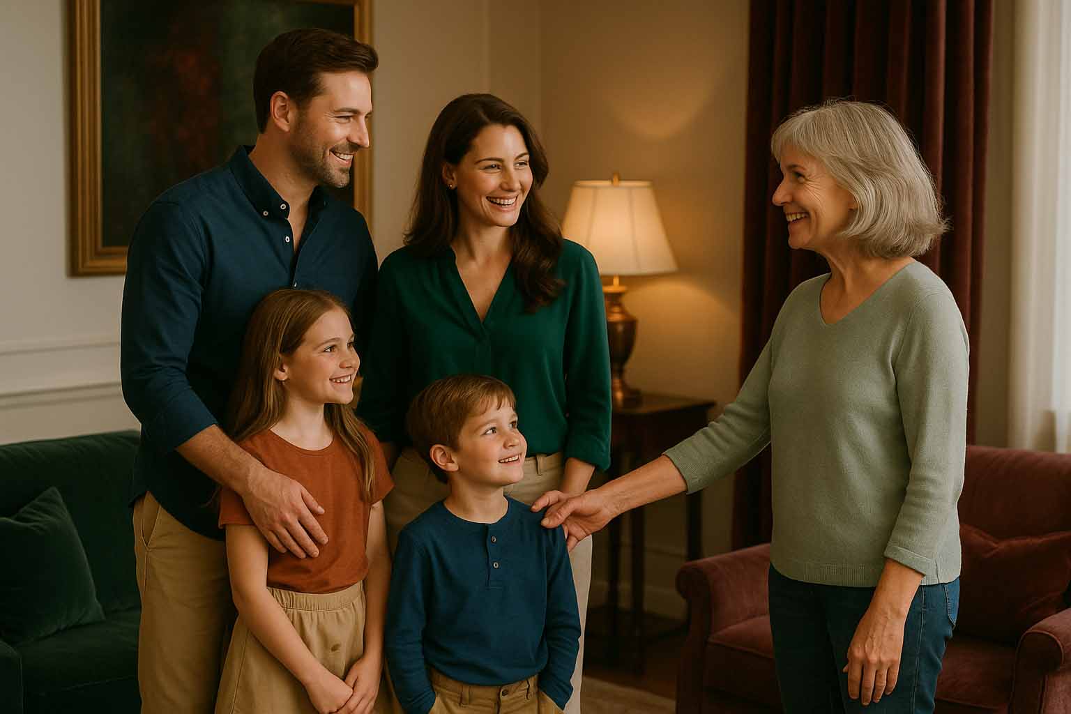 Gezin en nanny ontmoeten elkaar in een luxe omgeving